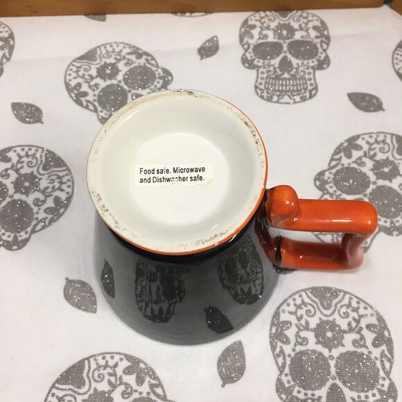 Halloween Mug Crow Raven Pumpkin Hand-Painted Black Orange Square Handle Ceramic - Picture 5 of 8